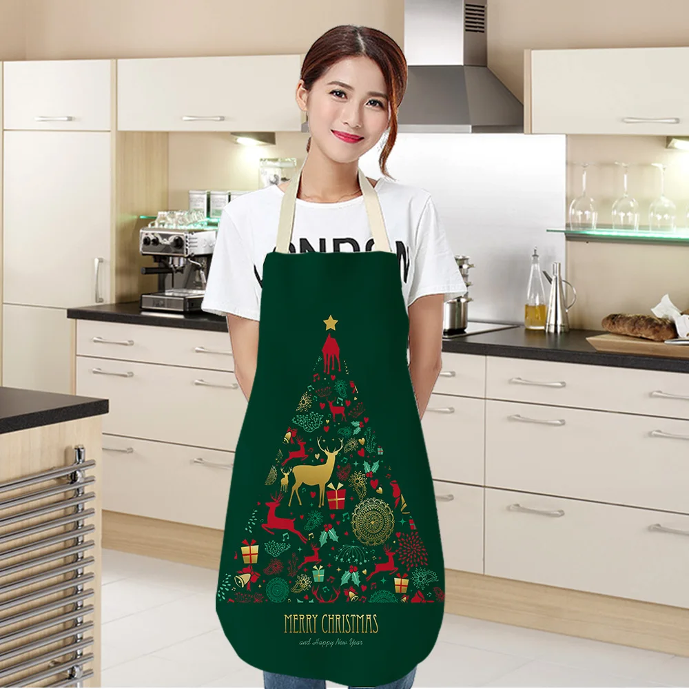 Green Custom Linen Cooking Apron Dress Christmas Tree Gift Elk Child Kitchen Funny Kitchen Apron for Women Baking Accessories