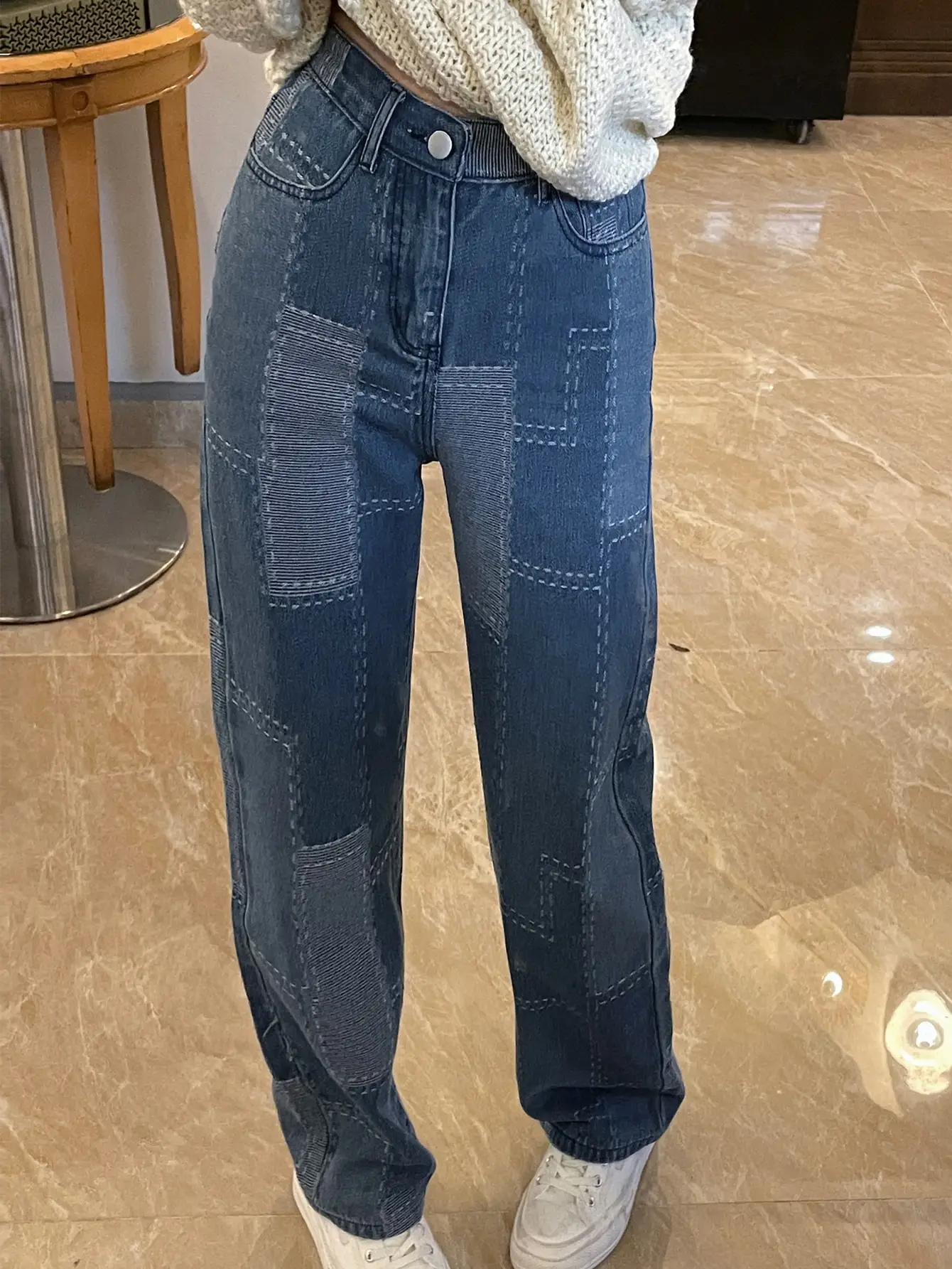 Coreano Chic verano americano Retro Topstitch contraste a cuadros Jeans diseño suelto pierna ancha pantalones largos para mujeres