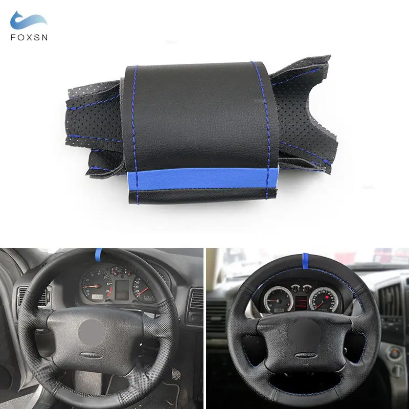 For VW Golf 4 MK4 1998 - 2004 Passat B5 1996-2005 Hand Stitched Car Steering Wheel Cover Trim Black Leather with blue line strip