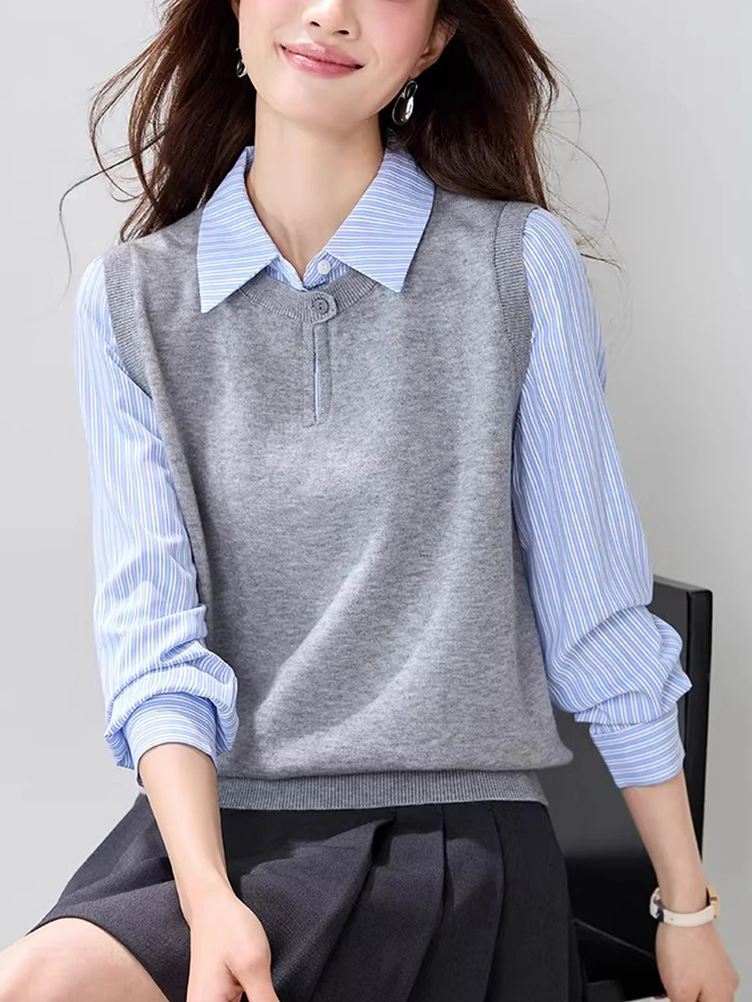 

College Sle Splice Fake Two-Piece Knitted Long Sve irt Women's Commute Turn-down Collar Spring New Arrival Versatile Top