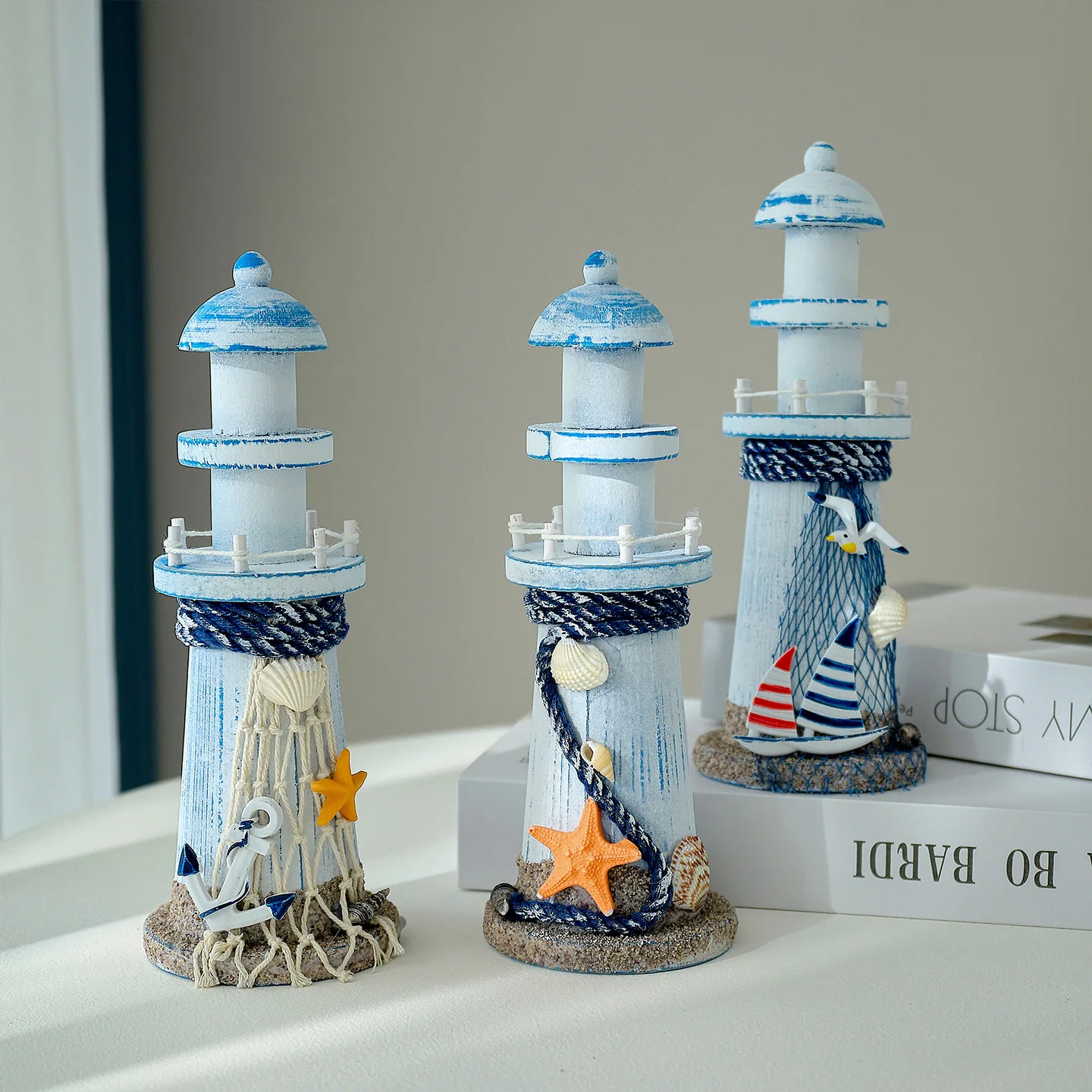 Mediterranean Style Lighthouse Ornament, Creative Wooden Home Decor, Ocean Style Desktop Decoration