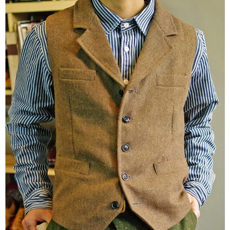 

Men Suit Brown Classic Steampunk Suit Wool Tweed Notch Lapel Waistcoat Thick Tweed For Wedding Groom Banquet Vest