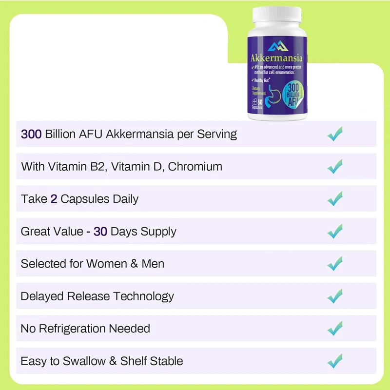 300 billion AFU Akkermansia Muciniphila live probiotic digestion, gut, immunity, and overall health, 60 capsules