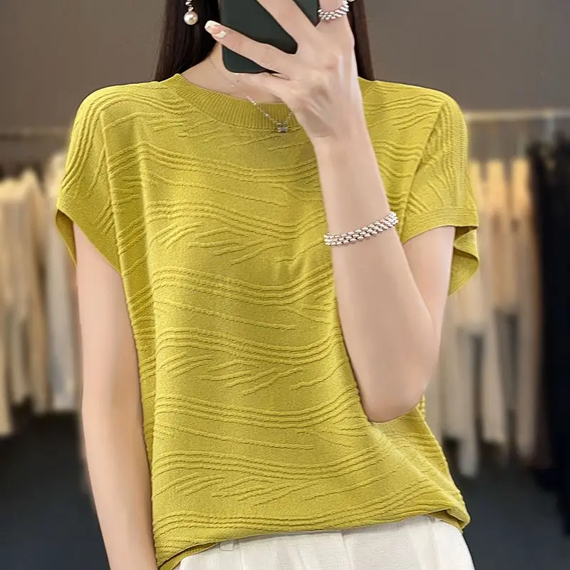 

Ice Silk Spring/Summer Design Sense 3D Wave Bat Sleeves Casual Loose Knitwear Short Sleeve T-shirt Women