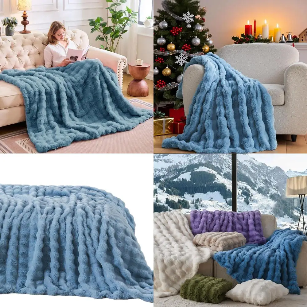 

Sky Blue Plush Faux Fur Blanket, 90x90, Luxuriously Soft and Cozy for Couch or Bed