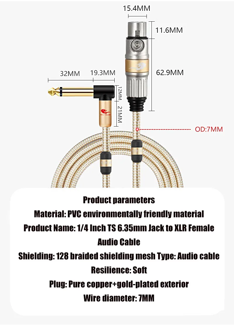 1/4 Inch TS 6.35mm Jack to XLR Female Audio Cable for Microphone Stage Studio Mixer Consoles Amplifier Unbalanced Shielded Cords