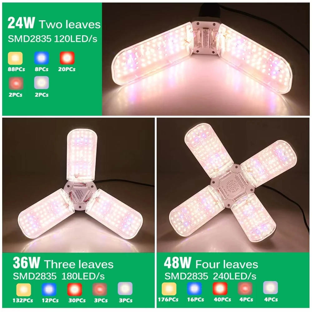 24w 36w 48w Foldable Led Plant Growing Lights Full Spectrum E27 For Indoor Plants Flower Seedling Growing Lamps