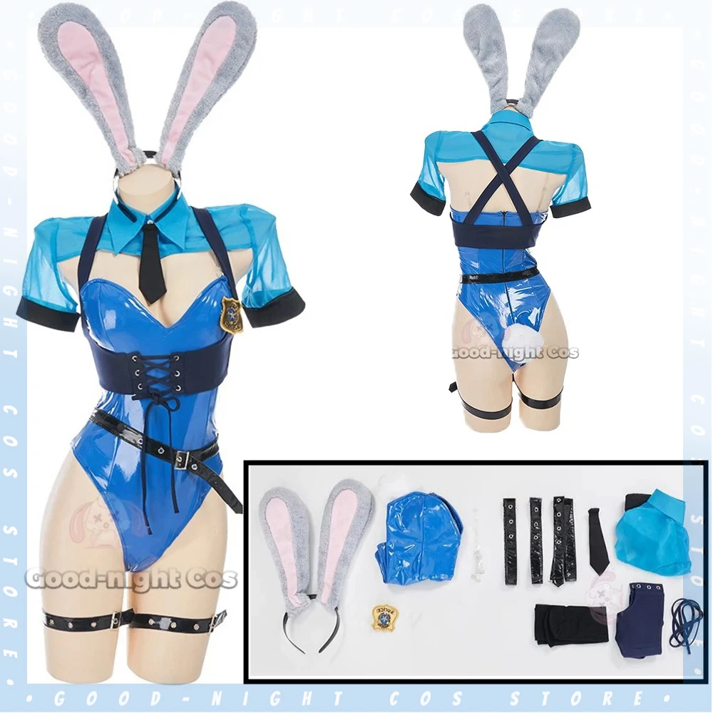 

Anime Judy Cosplay Bunny Girl Costume Sexy Catsuit movie role Play Girls PU Leather Uniform Ear headdress Halloween party