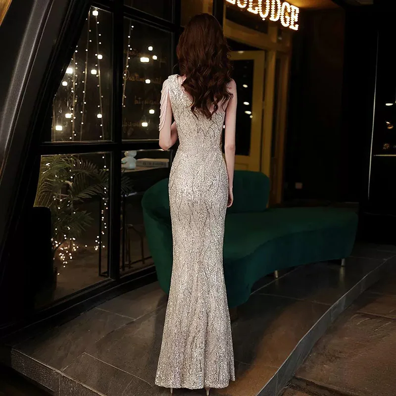 Light Luxury Sequins Fishtail Evening Dress Women's One Shoulder Sleeveless Tassel Prom Gowns Summer Slim Fit Party Dresses