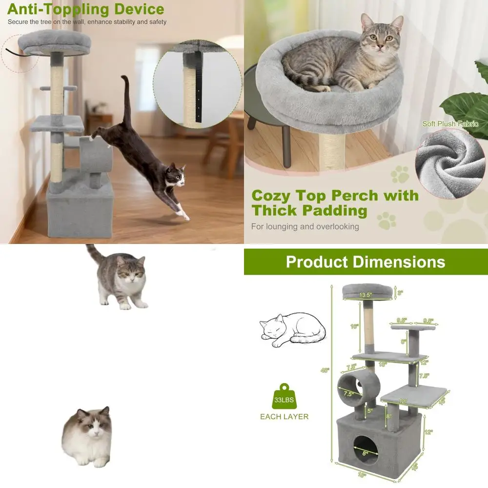 

48-дюймовая кошачья стойка для дома с большой лежанкой, сизалевым когтетрёхом, мягким подножкой, тоннелем и 3 платформами (светло-серая)