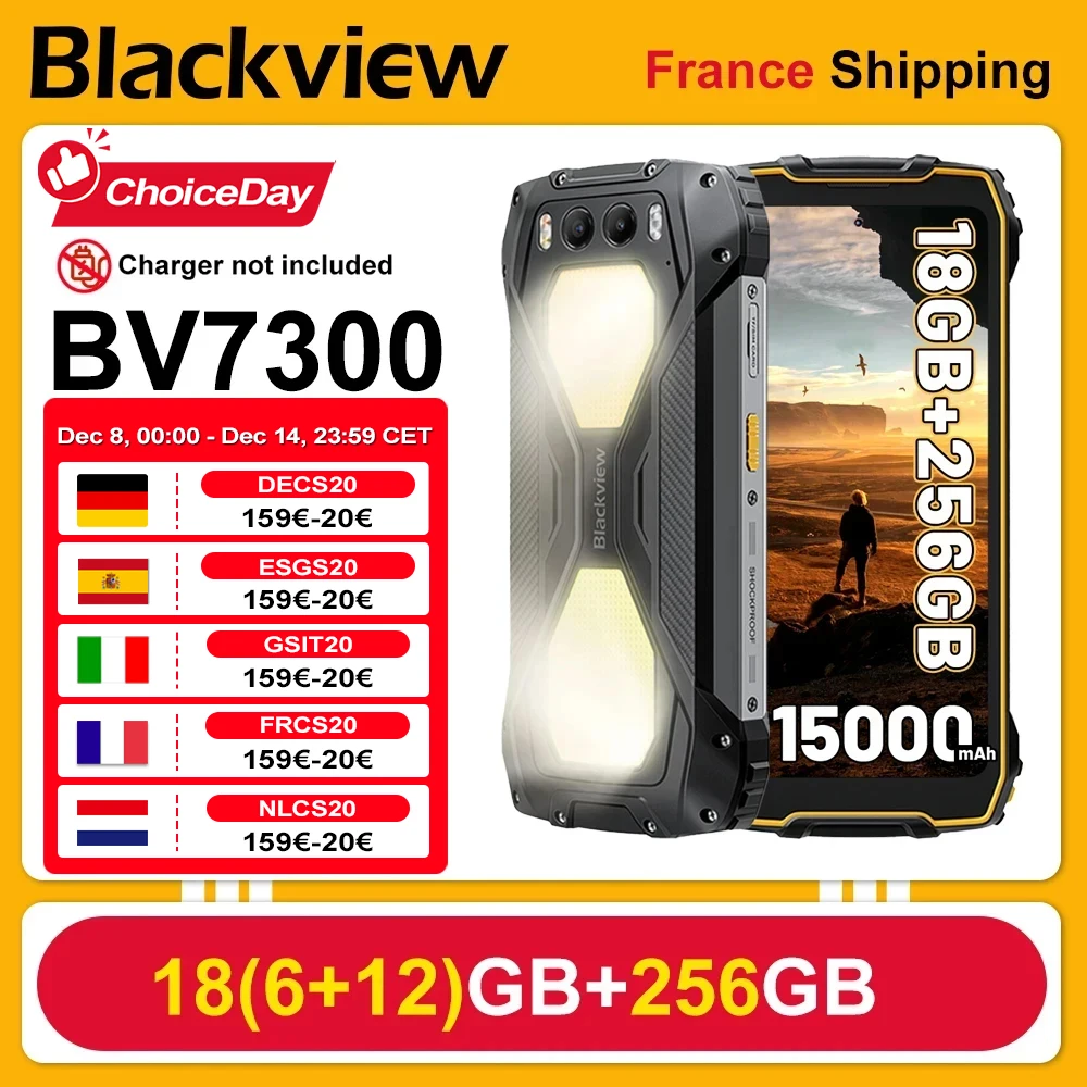 BLACKVIEW BV7300 [Pas de chargeur UE] Android 14 18 Go (6 + 12) 256 Go 15000 mAh 45 W Charge rapide 6,67" Celluliers pour smartphone