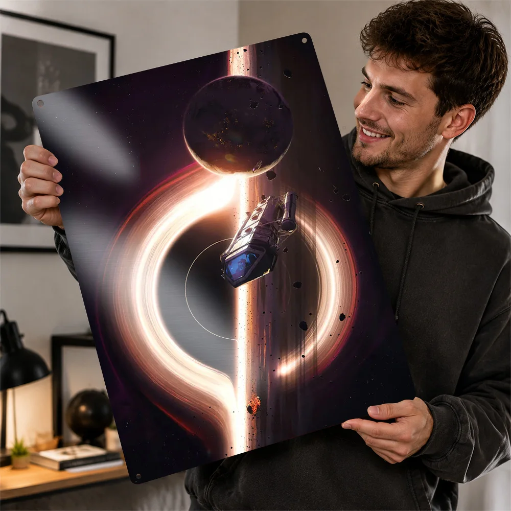 Spaceship Near Glowing Black Hole Printed Poster Sci Fi Wall Art For Study Personalized Aluminum Metal Sign Science Fan Gift