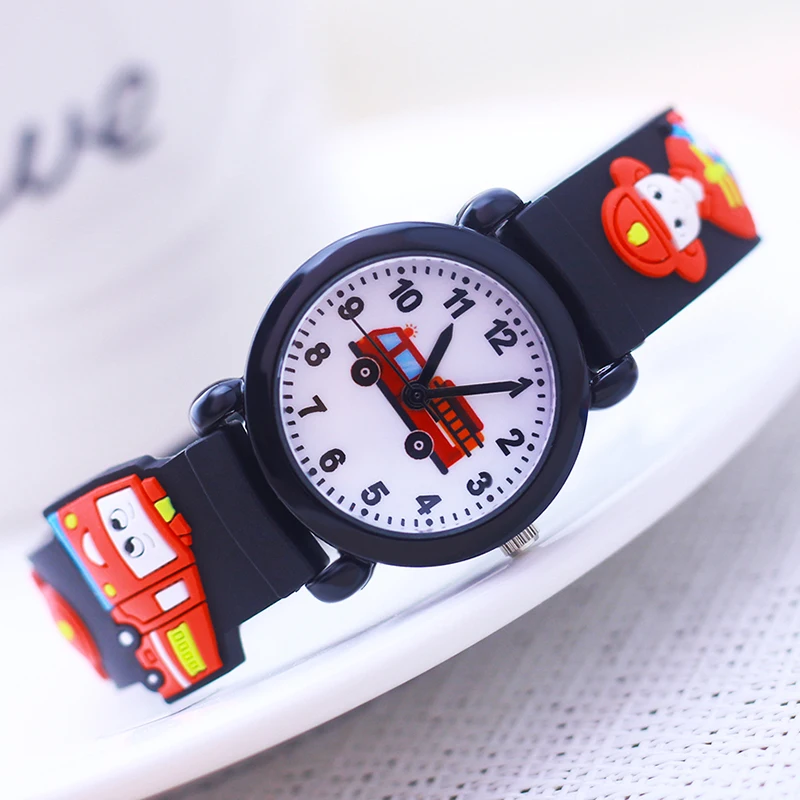 2024 Hot Sales 3D Cartoon Firemen Fire Truck Pattern Soft Silicone Strap Watches For Children Boys Girls Little Baby Learn Time