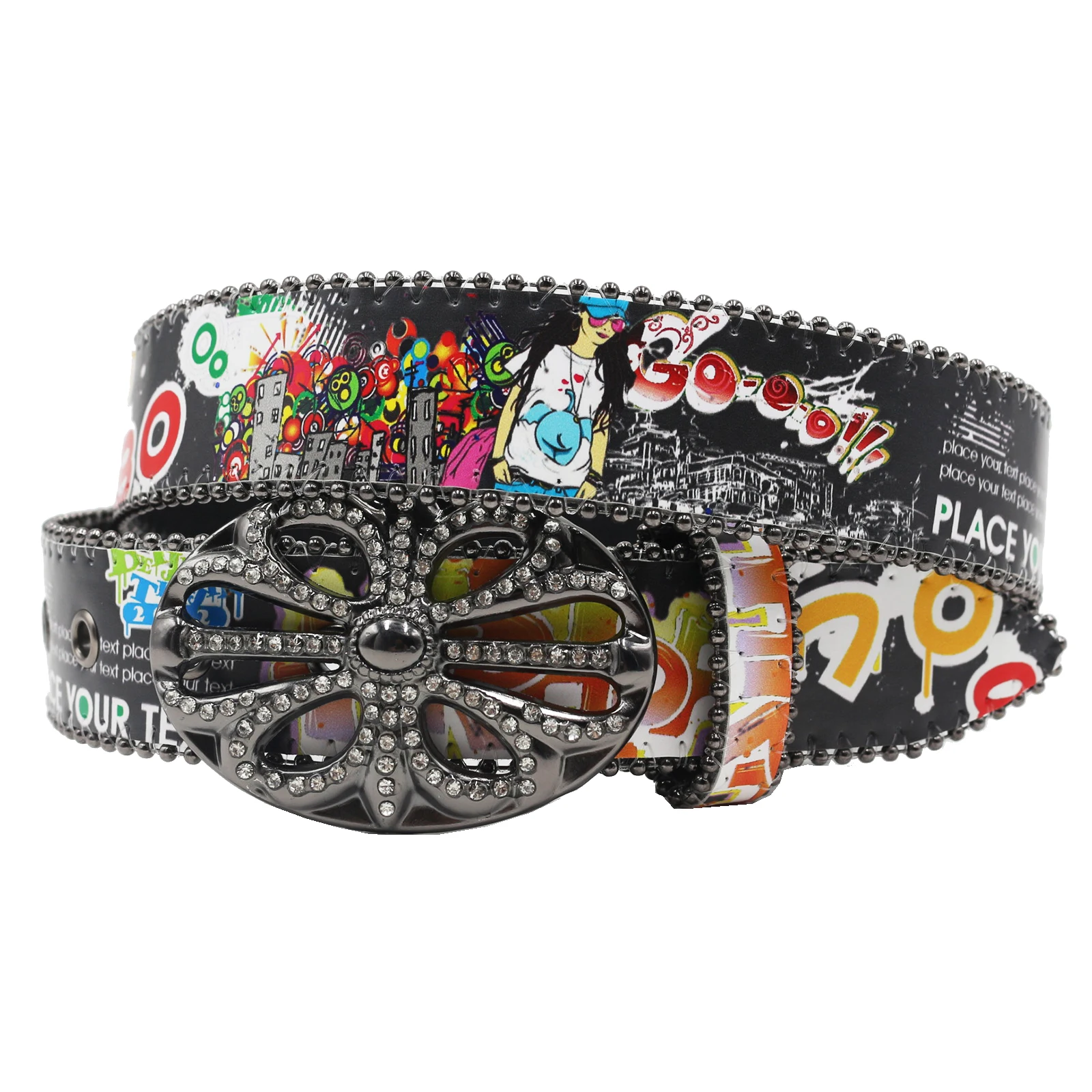 Bohemia Hip-hop graffiti Print Rhinestone Bling Belt Cowgirl & Cowboy Belt With Sparkly Simon Diamond Belt For Men