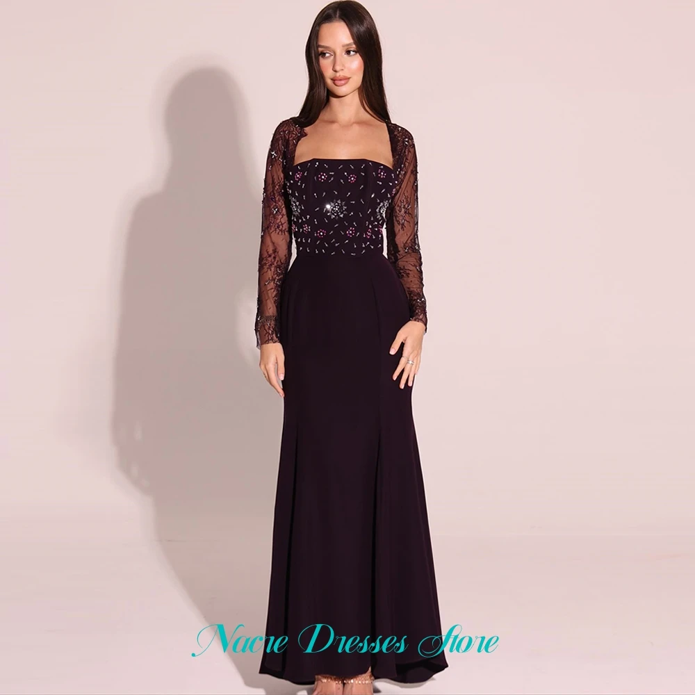 Customized Luxury Jersey Evening Dress Delicate Lace Long Sleeves Prom Dresses Modern Crystal Flowers Special Occasion Gowns
