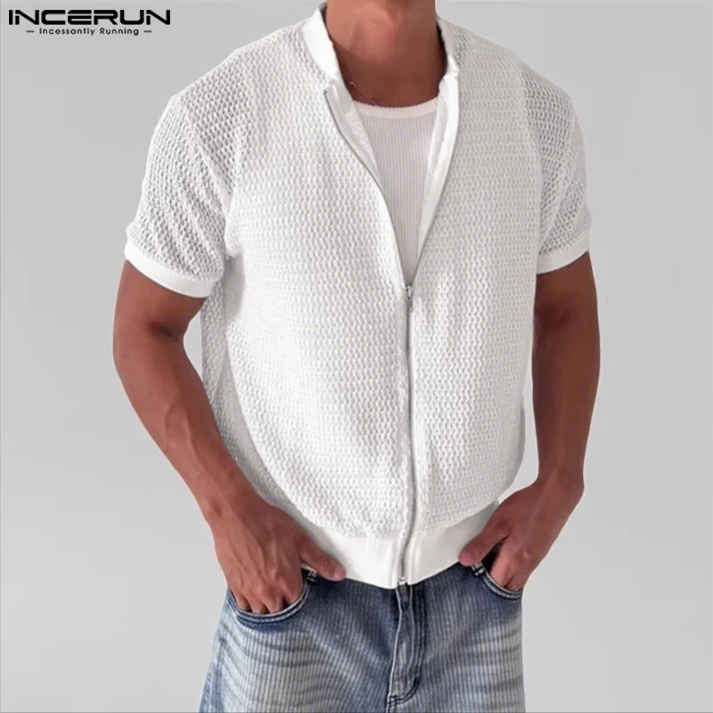 

INCERUN Men Shirt Mesh See Through Short Sleeve Solid Zipper Men Clothing Loose Streetwear Summer 2025 Fashion Casual Cardigan
