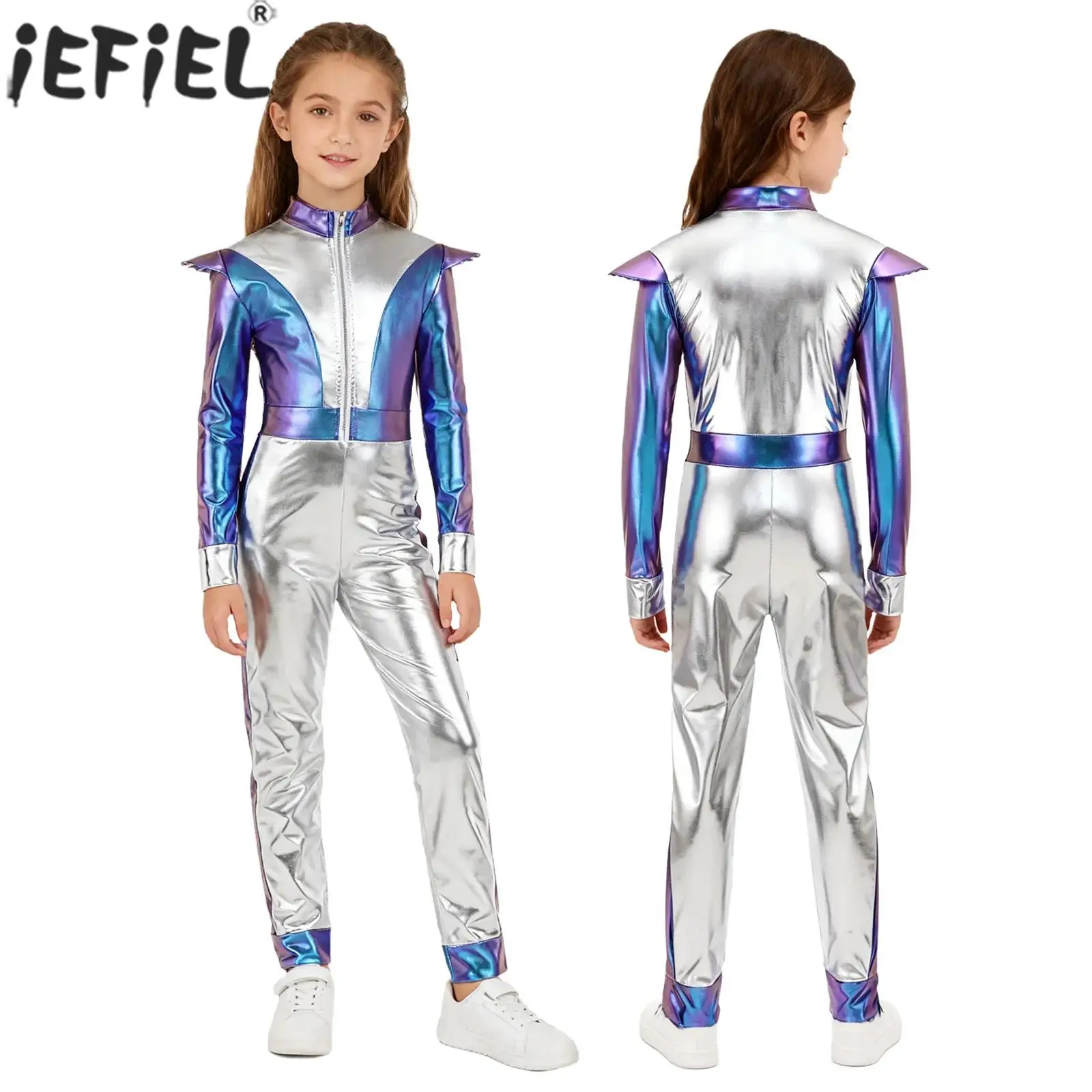 Children Halloween Space Alien Cosplay Costume Long Sleeve Metallic Shiny Jumpsuit for Robot Astronaut Galaxy Warrior Dress Up