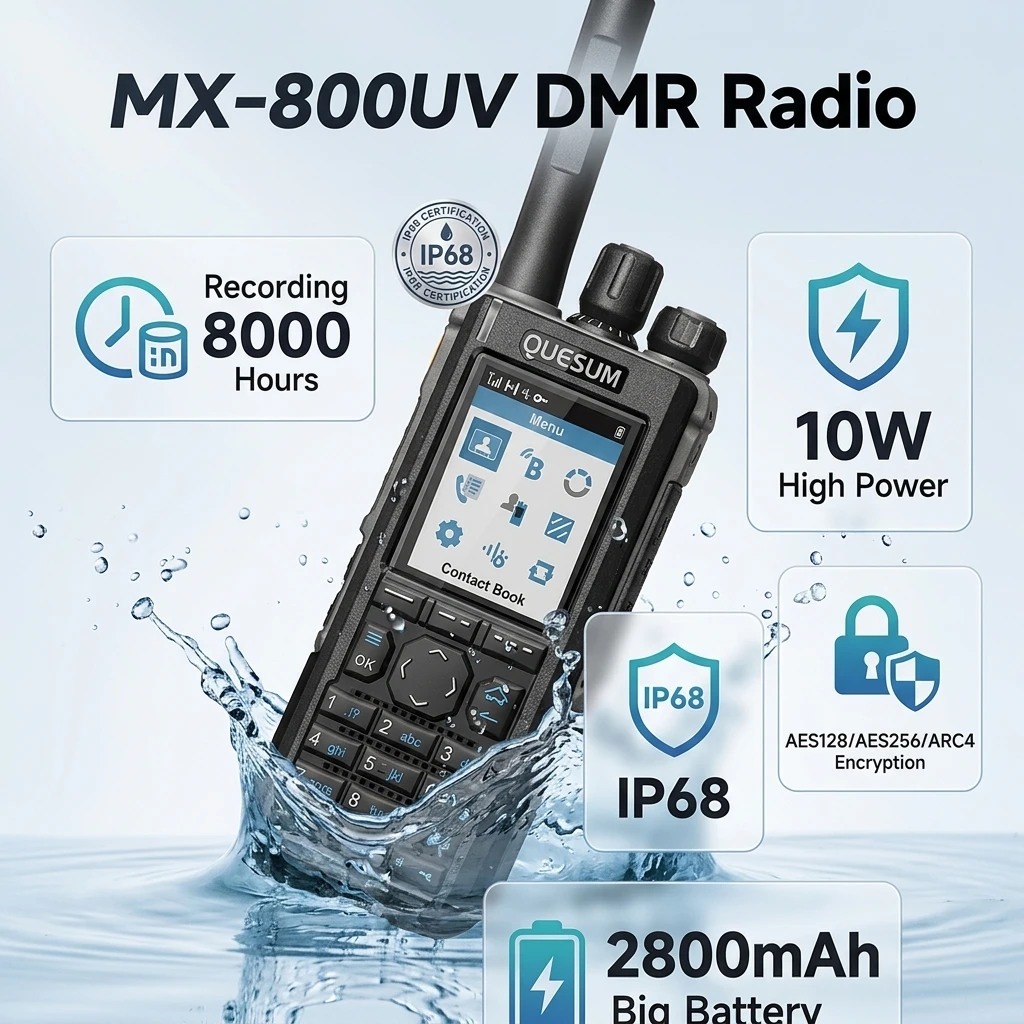 MX-800UV 10W Dual Band VHF UHF Walkie Talkie Recording 8000 Hours IP68 For Outdoors Use