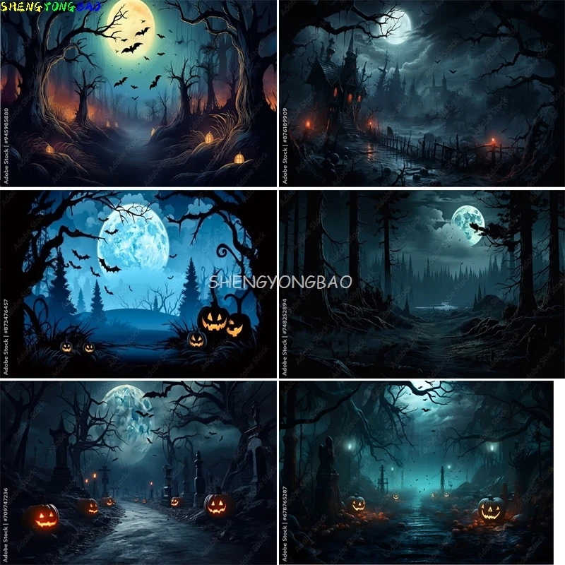 

Halloween Day Spooky Backdrop lanterns Cobwebs Creepy Vanity Filled Wicked Eerie Evil Scary Dark Night Forest Background XZ-02