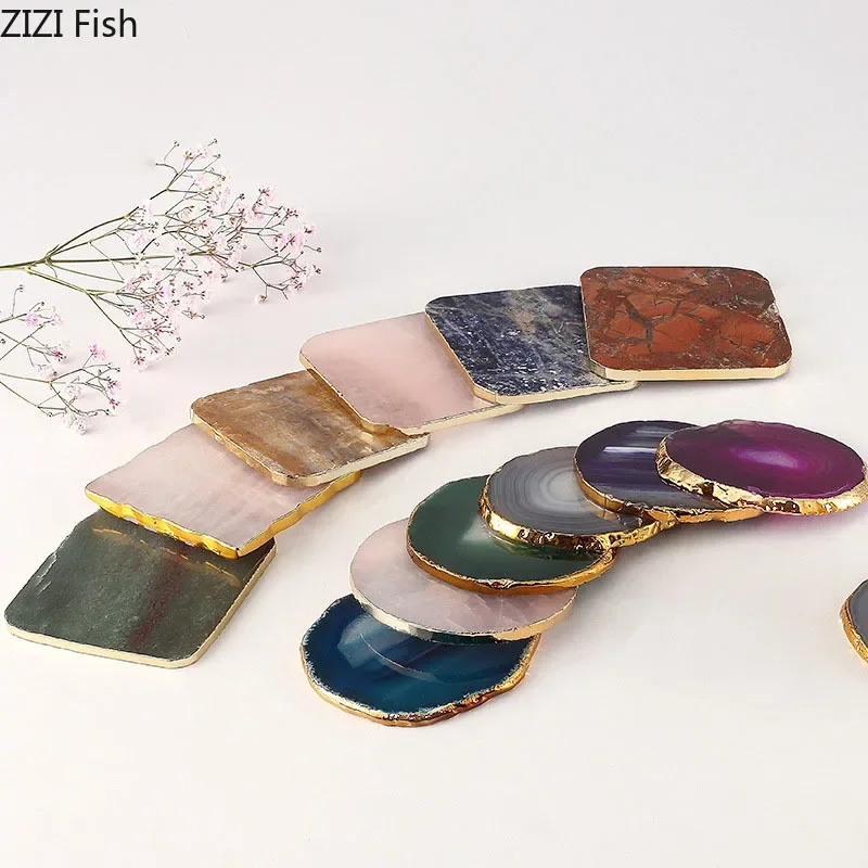 Colored Agate Stone Coaster Coffee Cup Insulation Mat Dinner Table Tray Storage Gold Edges Gemstone Coaster Teacup Tray Cup Mat