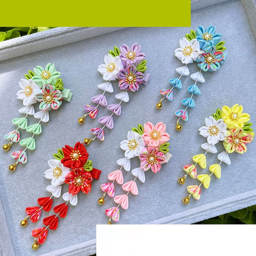 Japanese Kimono Fabric Flower Folding Fan Children Hair Accessories Clip Tassel Headwear Headdress Barrette Yukata Festvial Deco