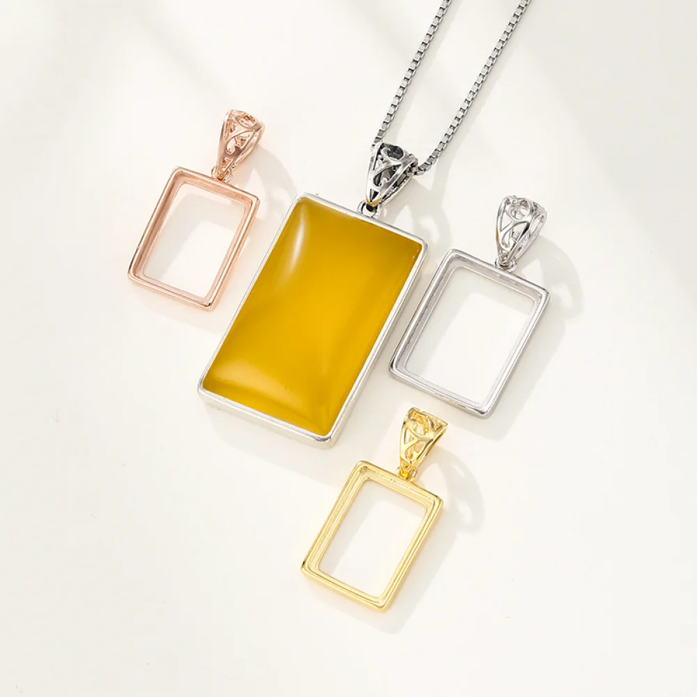 925 Sterling Silver DIY Pendant Charm Tray Cameo Base Settings fit Rectangle Cabochon beads DIY Pendant Jewelry Necklace Making
