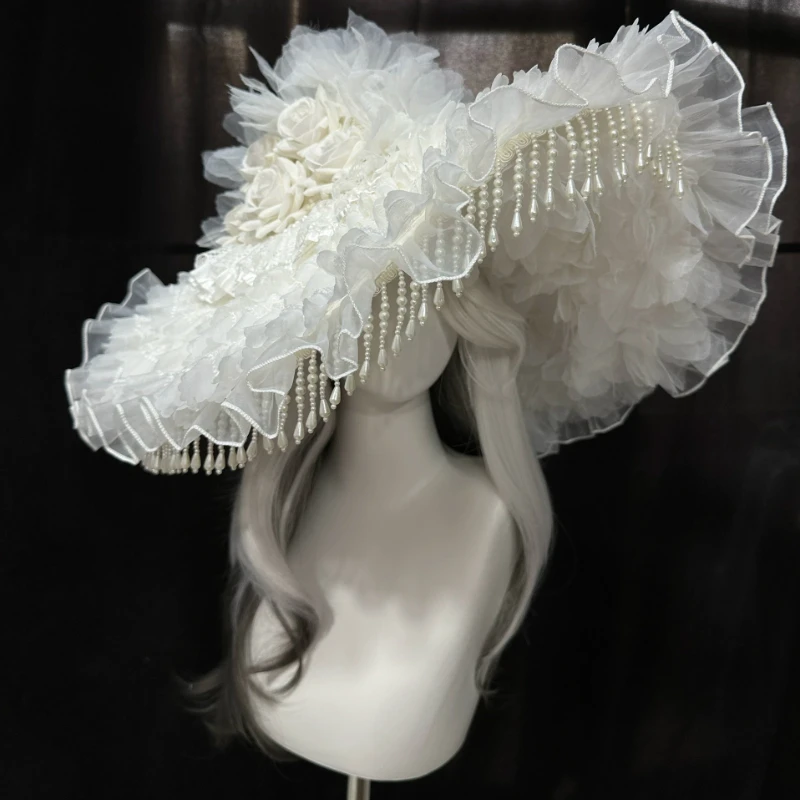

White Widow Hat for Holiday DIY Gothic Handmade Lolita Headdress Royal Court Bonnet with Wide Brim Vintage Wedding Bride Cap