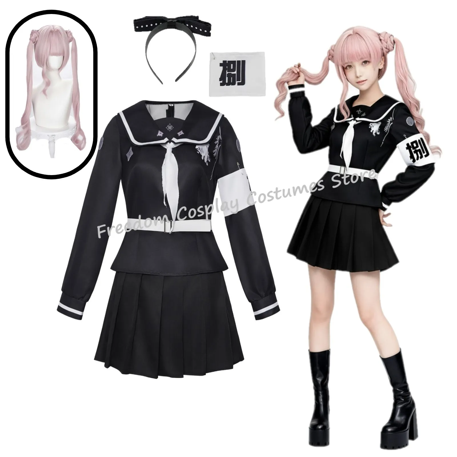 Game The Hundred Line Kako Tsukumo Cosplay Kostüm Perücke schwarz JK Kampfanzug Last Defense Academy Halloween Party für Frauen