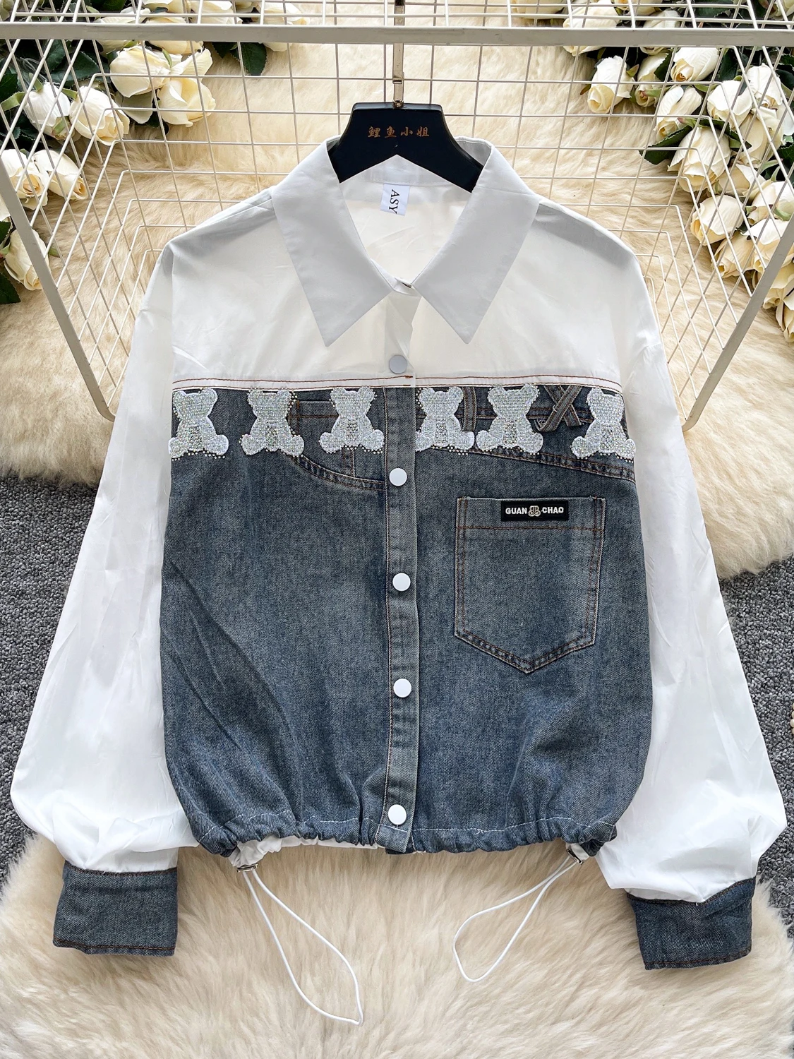 Faionable brodé couleur Blo Long Sve femmes Jaet automne polyvalent respirant coréen Sle Polyester Fiber irt