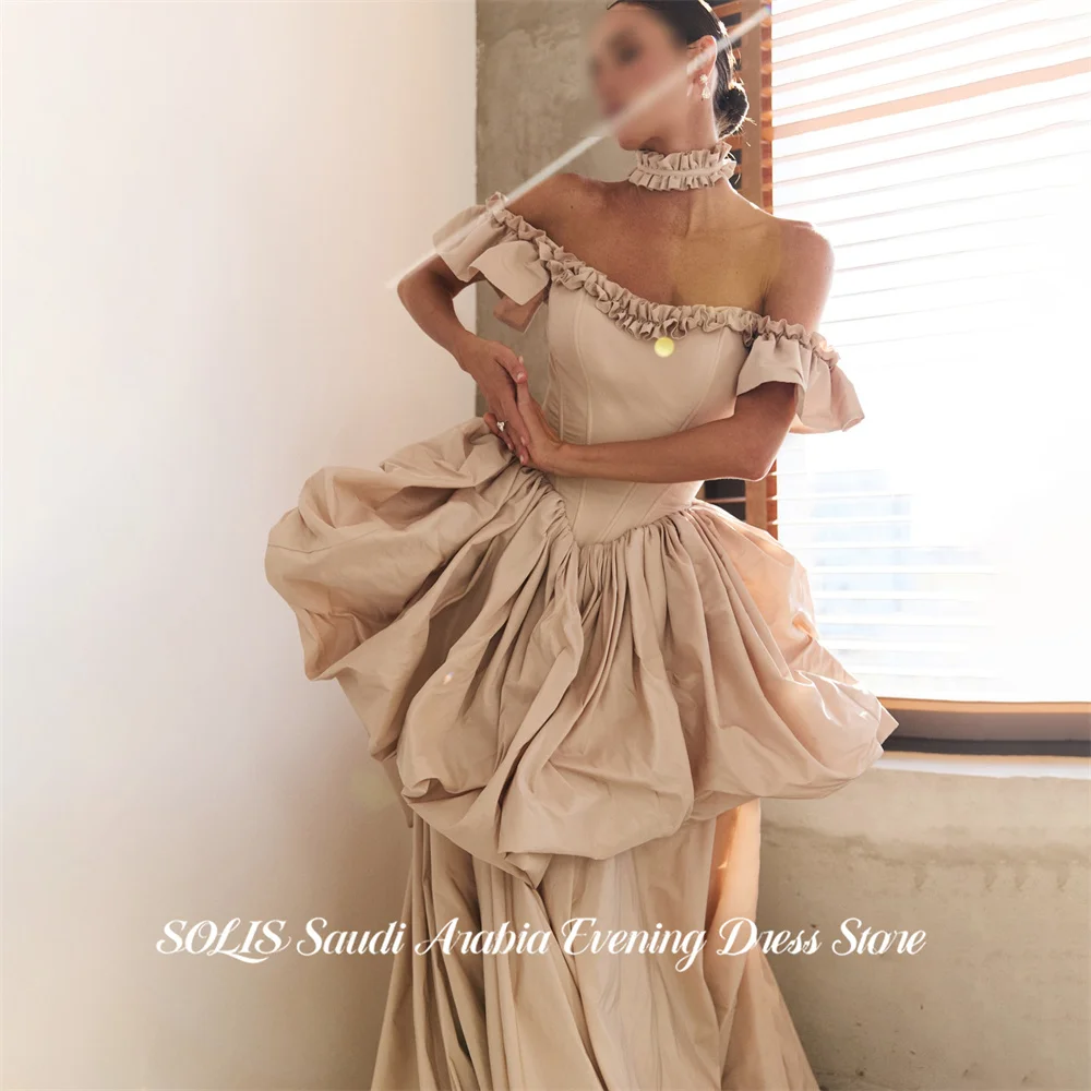 SOLIS Nude Off Shoulder Ruffled Sweetheart Prom Gown Corset Choker Satin Evening Dress Elegant Party Dress With Train Customized view 6