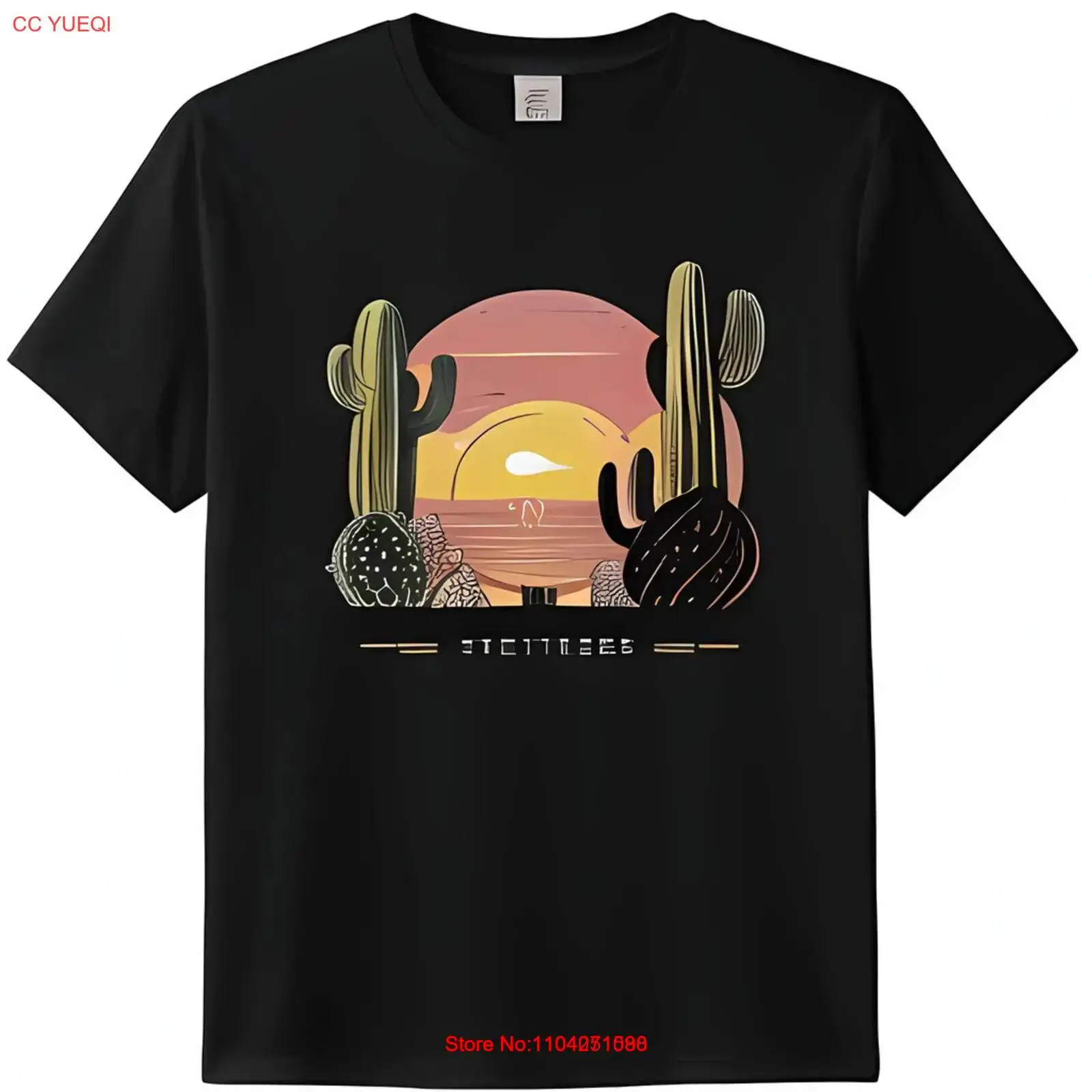 Black Neck T-Shirt with Desert Scene Graphic Cacti & Sunset Design