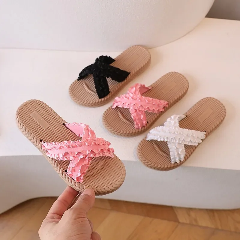 Children Slippers for Little Girl 2024 Summer New Knitted Cross Strap Bohemian Princess Shoes Trend Soft Comfortable Outside