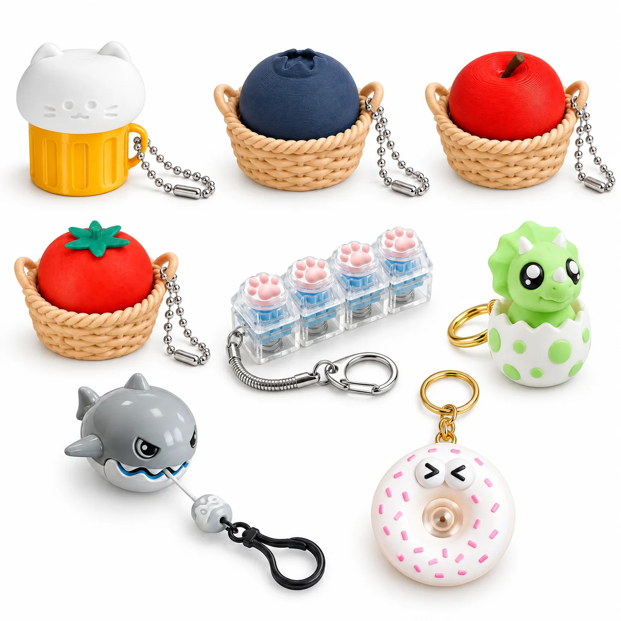 8pcs Cute Fidget Keychain Set Squishy Cat Shark Dinosaur Stress Relief Toy Pendant Bag Charm Gift for Teens Adults Fun Keyrings