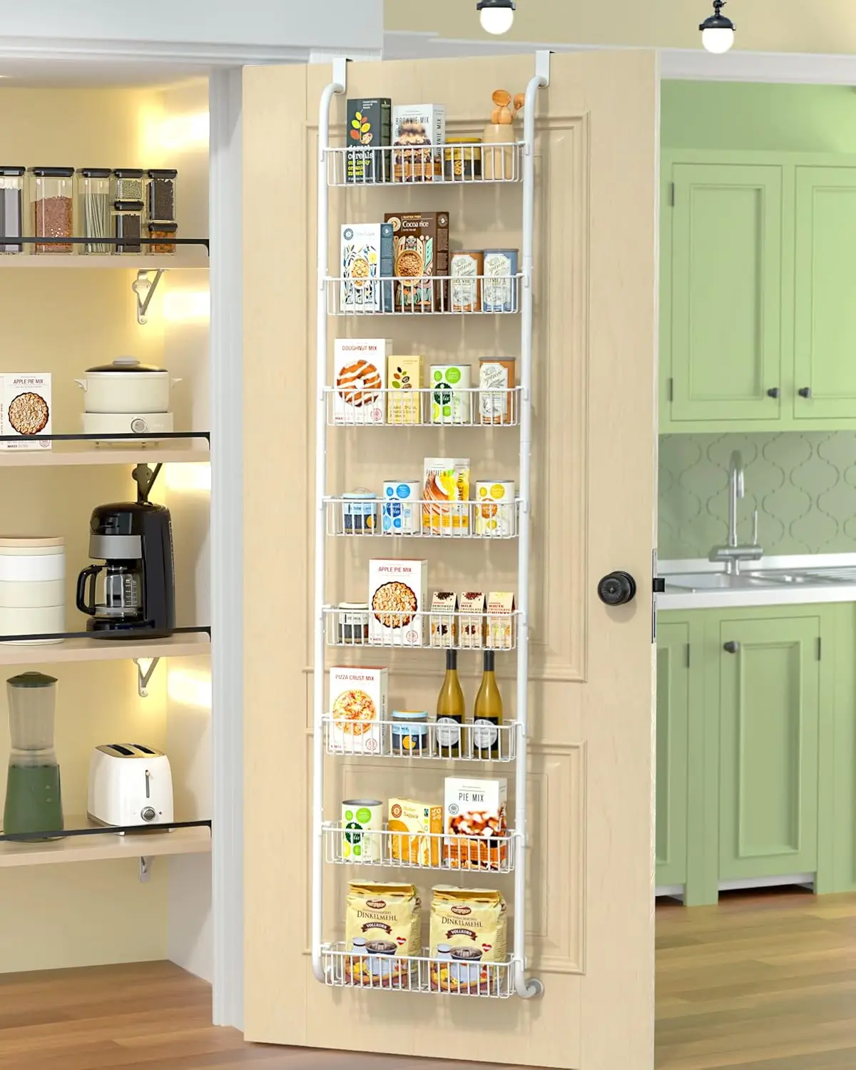 

8-Tier Over-the-Door Pantry Organizer with 8 Baskets, Metal Hanging Kitchen & Bathroom Storage Rack - White