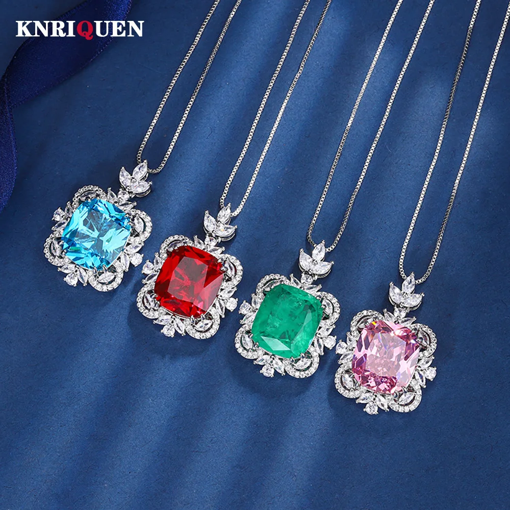 

Vintage 14*16mm Emerald Ruby Quartz Aquamarine Pendant Necklace for Women Gemstone Lab Diamond Cocktail Party Fine Jewelry Gift