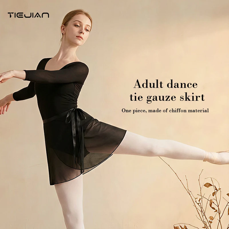 

Adult dance dress with zip ties chiffon half body one-piece ballet skirt, semi transparent dance matching skirt