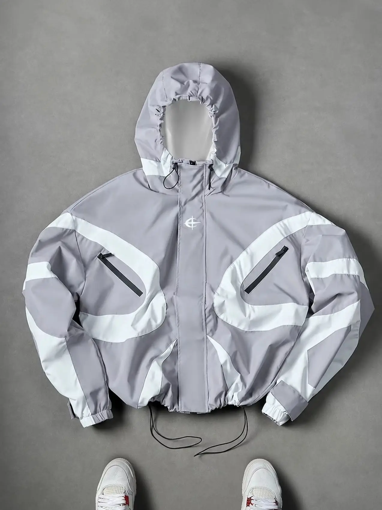 Men's Geometric Contrast Color-Block Hooded Zip-Up Jacket with Drawstring Chest Graphic Print And Side Zip Pockets