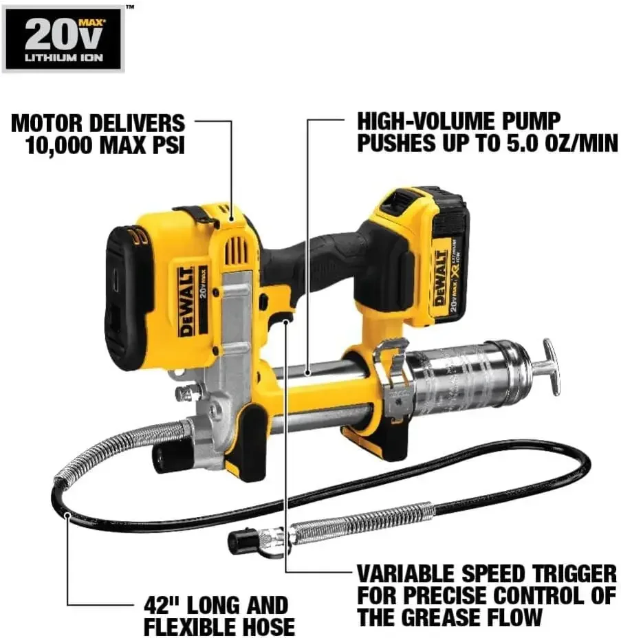 MAX Grease Gun Kit, Cordless, 42” Long Hose, 10,000 PSI, Variable Speed Triggers, Battery and Charger Included (DCGG571M1)