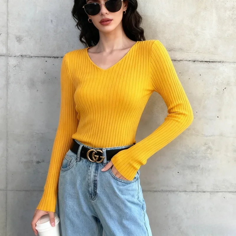 سترة نسائية محبوكة مضلعة بأكمام طويلة ورقبة على شكل حرف V للخريف والشتاء، بلوفر أساسي بلون سادة، ملابس تريكو أنيقة ودافئة