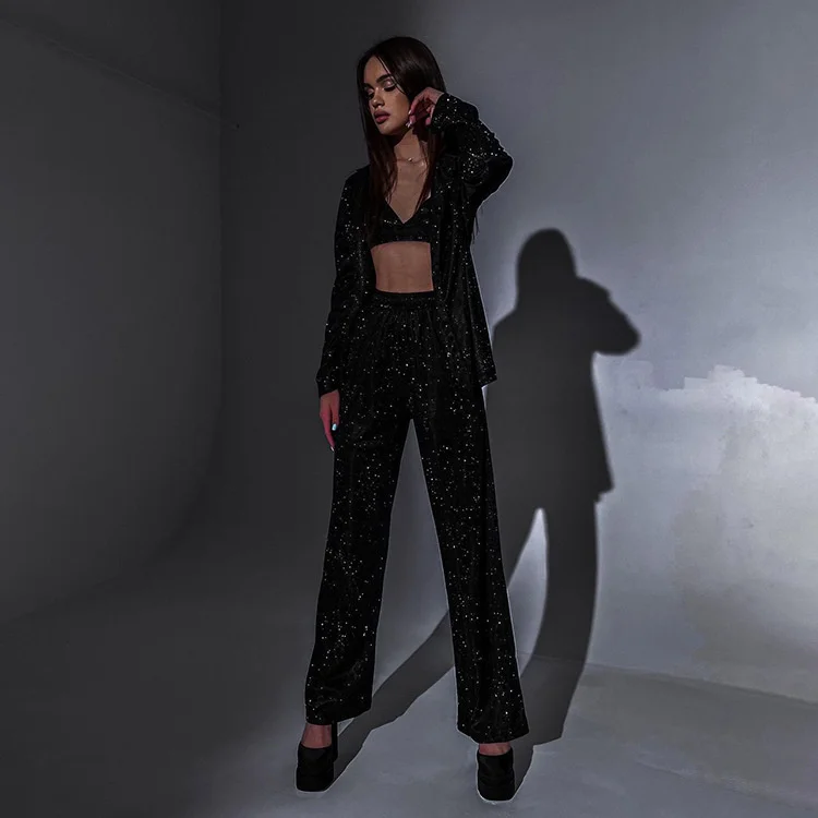 Women's Flash Set 2023 New Sexy Party Long-sleeved Suit Top High-waisted Trousers Set 3 Peice Set Women Matching Sets