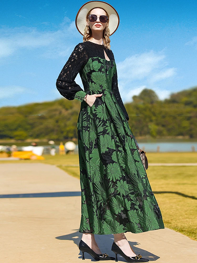 Luxurious Lace Panel Dress Women's Jacquard Party Long Sleeve Gown Spring Quality Retro Maxi Dresses Floral Dinner Ball Robe