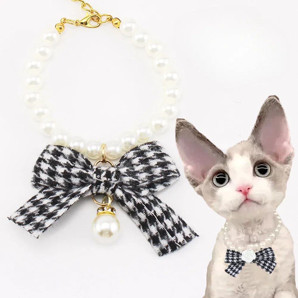 Pearl Necklace For Cats Puppy Adjustable Sash Houndstooth style Christmas Gifts Chic Pets Supplies Accessories Dogs Bows Collar