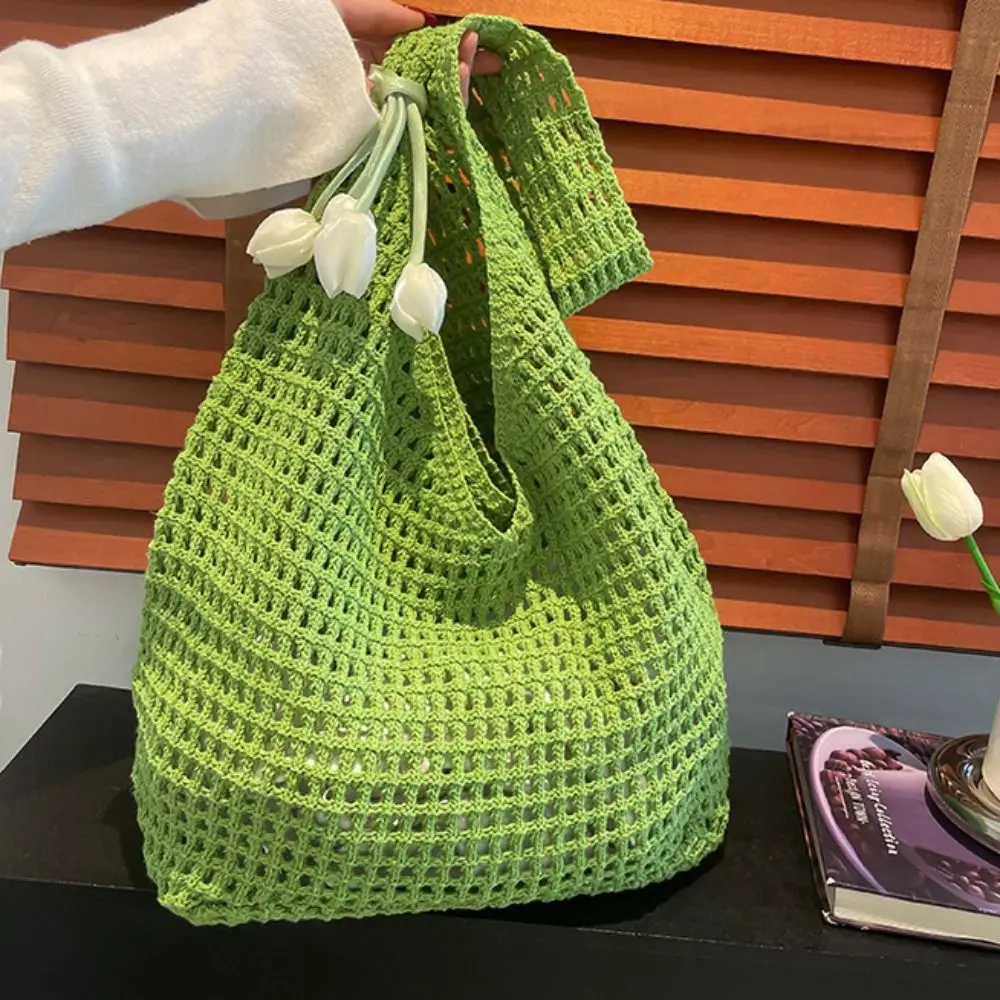 

Trendy Sweet Crochet Shoulder Bag with Tulip Pendant Leisure Beach Hollow Handbag Vacation Casual Woven Totes Bag Travel