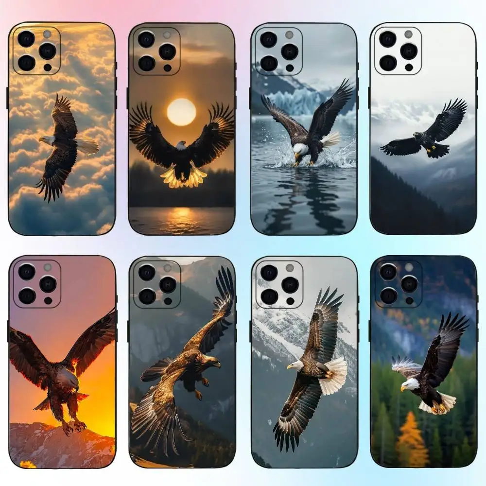 حافظة هاتف Eagle Cool Animal لهاتف iPhone17,16,15,14,13,12,11 Plus، Pro Max غطاء أسود ناعم