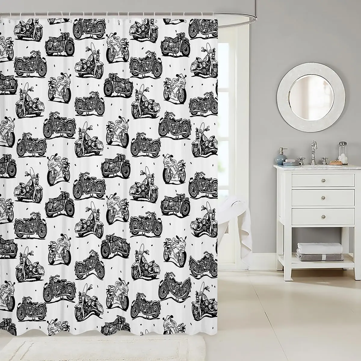 Motorcycle Pattern Shower Curtain Black White Bike Design Man Cave Bathroom Decor Biker Theme Vintage Style Bath Linen