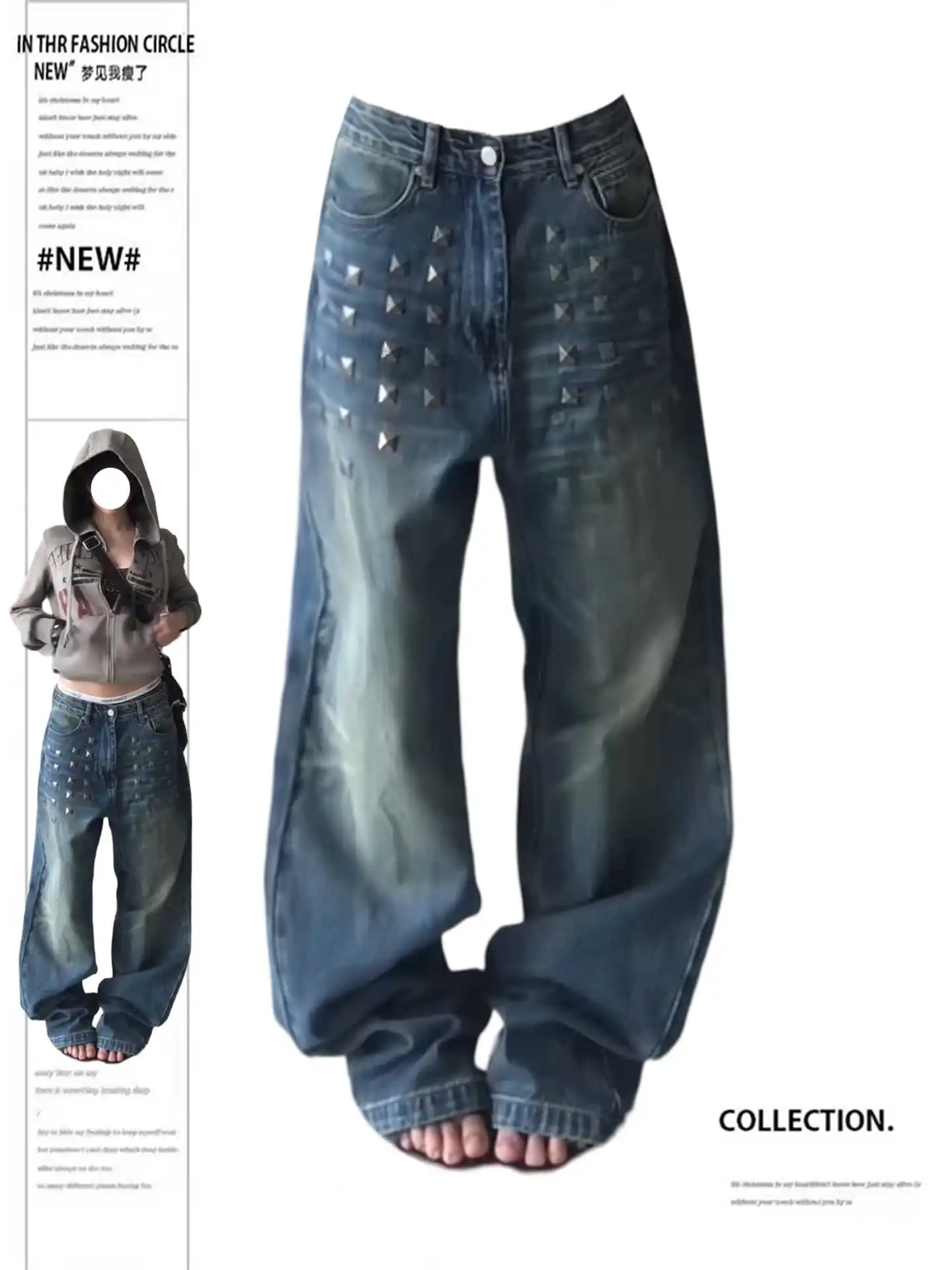 Damskie niebieskie jeansy baggy Y2k Harajuku Vintage Wash Denim Spodnie Japoński styl lat 2000. Oversize Boyfriend Jeansy Jesień 2025