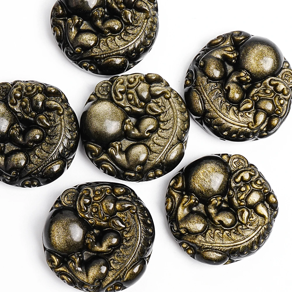 

Natural Golden Obsidian Carving Dragon Pendant 35X35X12mm Thick Stone Charm for DIY Necklace Jewelry Making Craft Supplies