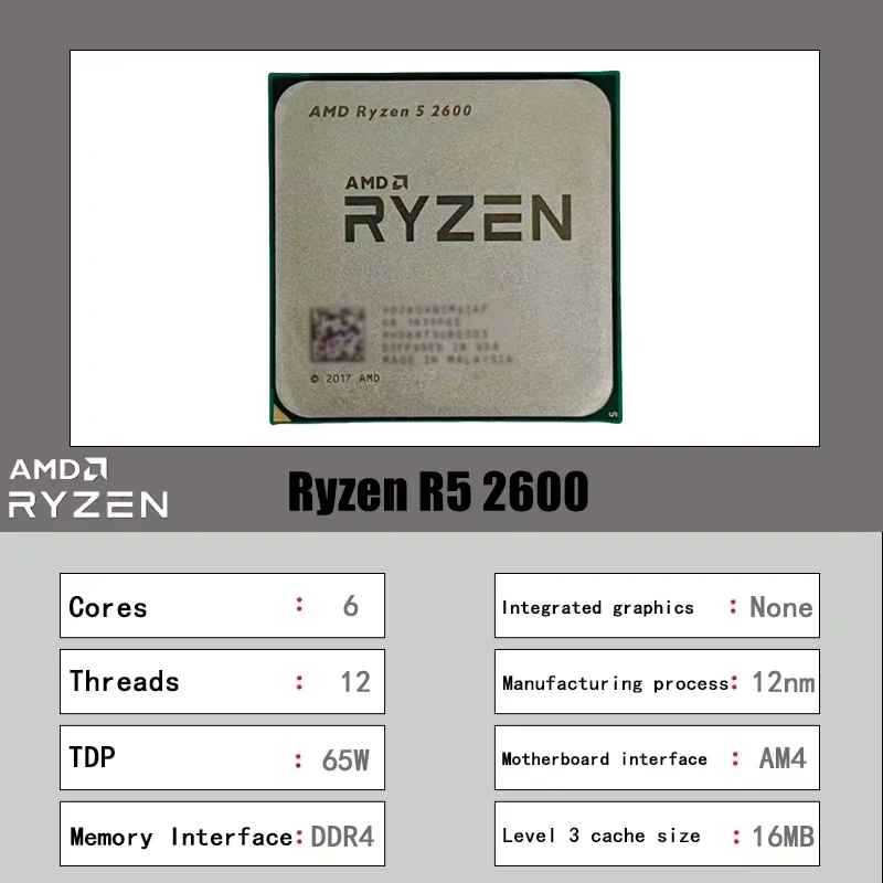 AMD Ryzen 5 2600 Tray CPU 6 Core 12 Thread Base 3.4GHz Max 3.9GHz 16MB Cache 65W Low Power AM4 Socket Desktop Gaming Processor