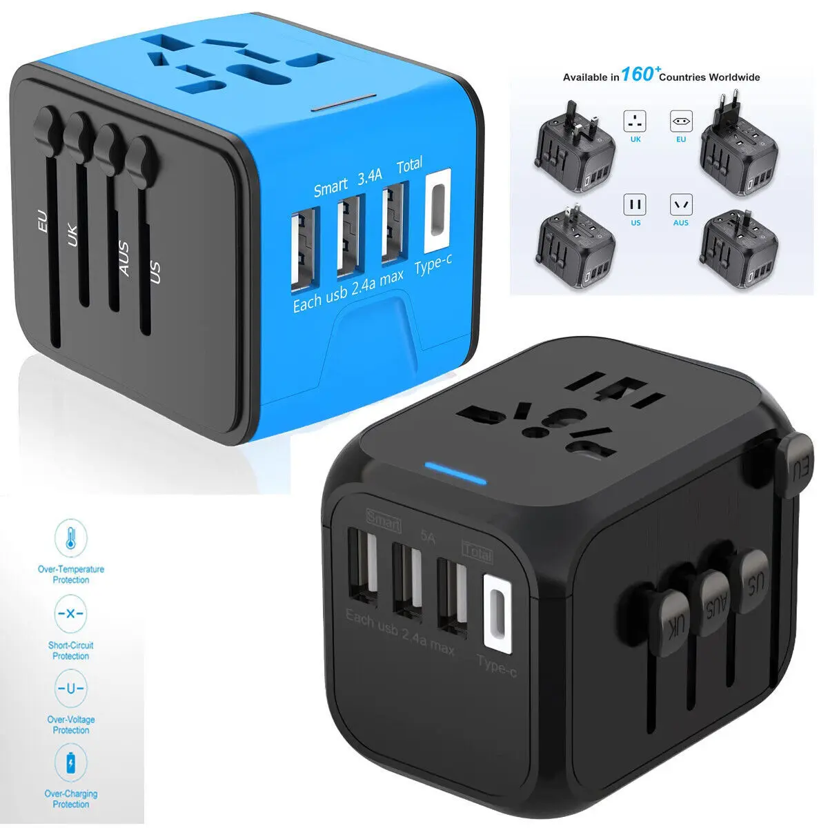 

Universal Travel Adapter International Power Adapter 3 USB Ports + 1 Type-C Port + Worldwide AC Outlet Wall Charger
