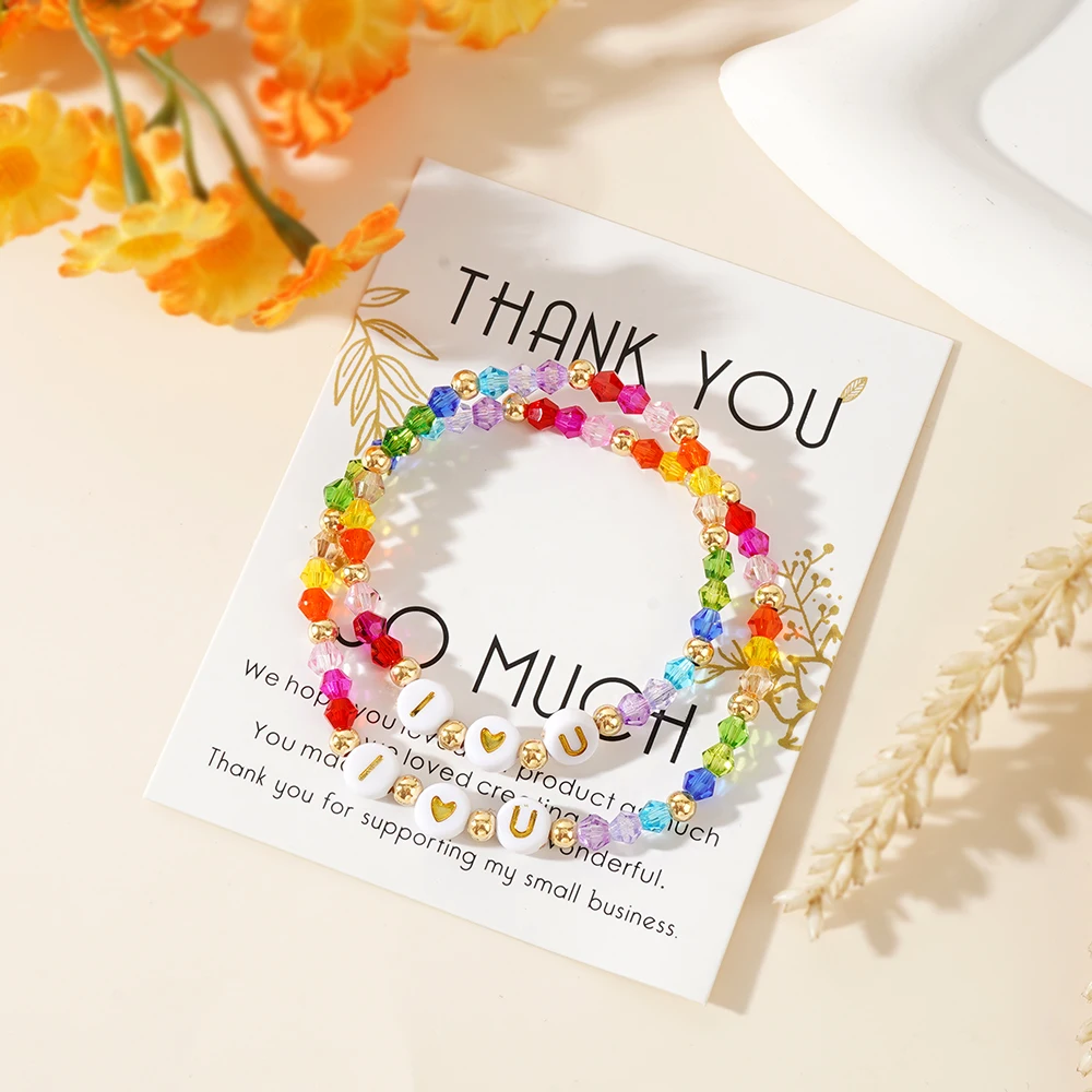 1PC Bohemian style letter colored crystal bracelet suitable for mothers and children, jewelry gift with card included